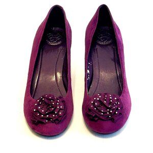 Burgundy suede wedge pumps by BCBG Generation, Embellished Flower, Size 7